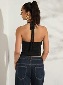 Glamine Top sin mangas transparente y sin espalda de color negro, top de salida, top de cumpleaños, top de fiesta de vacaciones, top corto para citas de mujer, top de concierto, top de Pascua, top de primavera/verano - Negro - Ver 5