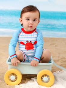 Baby Boy Striped Crab Print Rash Guard And Shorts Set - Multicolor - View 8