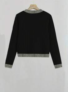 Plus Size Plain Color Splicing Front Button Long Sleeve Pocket Casual Blouse Fall Cloth For Women - Black - View 2