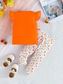 SHEIN 2pcs Baby Girls Cute Giraffe & Ditsy Floral Sleeveless Top With Pants Set, Summer