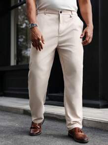 Manfinity Mode Plus Size Men's Solid Color Pocket Straight Leg Casual Suit Pants - Beige - View 4