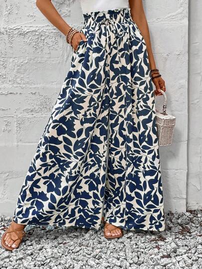 SHEIN LUNE Plus Size Front Tie Pocket All-Over Print Loose Casual Pants, For Daily Wear