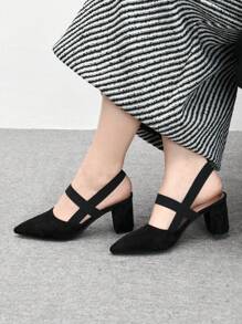 CUCCOO BIZCHIC 女士时尚黑色绒面弹性组合尖头粗高跟鞋，适合通勤、约会、派对、婚礼、度假