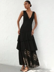 Aveloria Modichic Đầm không tay cổ chữ V sâu, eo nhún, viền bất đối xứng, dáng xòe, phong cách Pháp thanh lịch, thích hợp đi làm và nghỉ dưỡng cho nữ - màu đen - Xem 3