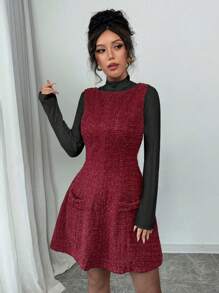 Elenzga Women Elegant Vintage Metallic Fiber Valentines Party Wine Red Tweed Waist-Cinched Peplum Hem Mini Dress