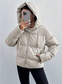 SHEIN Cottnline Women's Drawstring Hooded Padded Coat Jacket - Beige - View 4