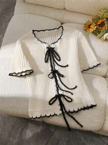 Chiquease Women Simple Tie Front Short Sleeve Cardigan, Spring/Summer - Apricot - View 3