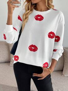 INAWLY Sudadera holgada de manga larga con estampado de labios para mujer, otoño/invierno, tipo pullover - Blanco - Ver 1