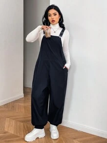 SHEIN EZwear Plus Size Vrouwen Herfstkleding Zwarte Jumpsuit, Winterkleding Voor Vrouwen