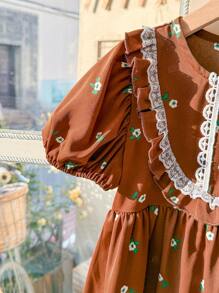 Blossori Young Girls French Elegant Floral Print Dress With Green Leaves, Deep Coffee Color Base, Round Neck, Suitable For Spring And Summer - Multicolor - View 3