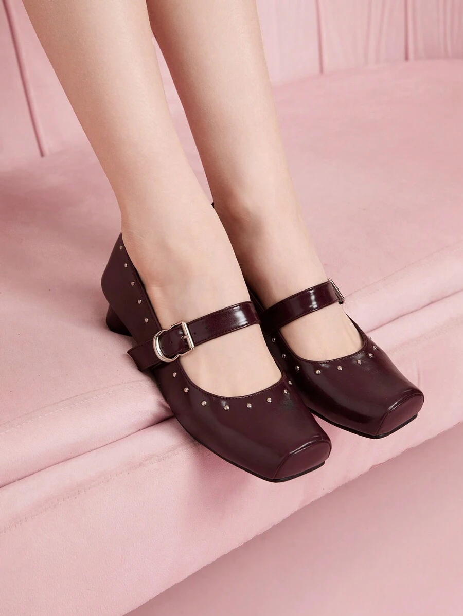 CUCCOO DOLLMOD Tacones altos con puntera cuadrada para mujer, tacones cilíndricos con tira cruzada, estilo clásico retro de Mary Jane - Burdeos - Ver 1