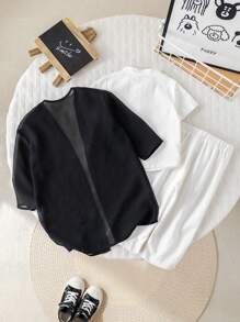 3pcs Baby Boy Summer Casual Elegant Black Mid-Length Robe, Including White Collared Short Sleeve Shirt And White Casual Pants 3-Piece Set, Suitable For Birthday Party, Evening Event, Performance, Wedding, Baby Shower, Christening And 1st Birthday Celebration