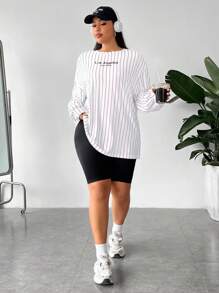 SHEIN EZwear 大码女式休闲图案刺绣条纹圆领长袖宽松长 T 恤，适合夏季、秋季、返校、校园、户外、日常通勤 - 紅白色 - 查看 5