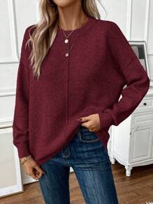 EMERY ROSE 女士休闲落肩针织套头衫秋冬毛衣 - 酒紅色 - 查看 6