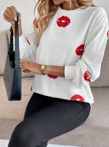 INAWLY Sudadera holgada de manga larga con estampado de labios para mujer, otoño/invierno, tipo pullover - Blanco - Ver 5