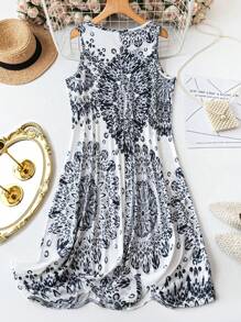 SHEIN LUNE 大码夏季简约休闲日常连衣裙 - 黑與白 - 查看 2