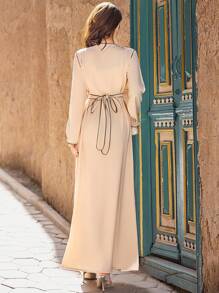Al Najma Contrast Trim V-Neck Long Sleeve Casual Elegant Maxi Dress, Kaftan & Jalabiya, Luxury Evening Dresses For Women,Modest