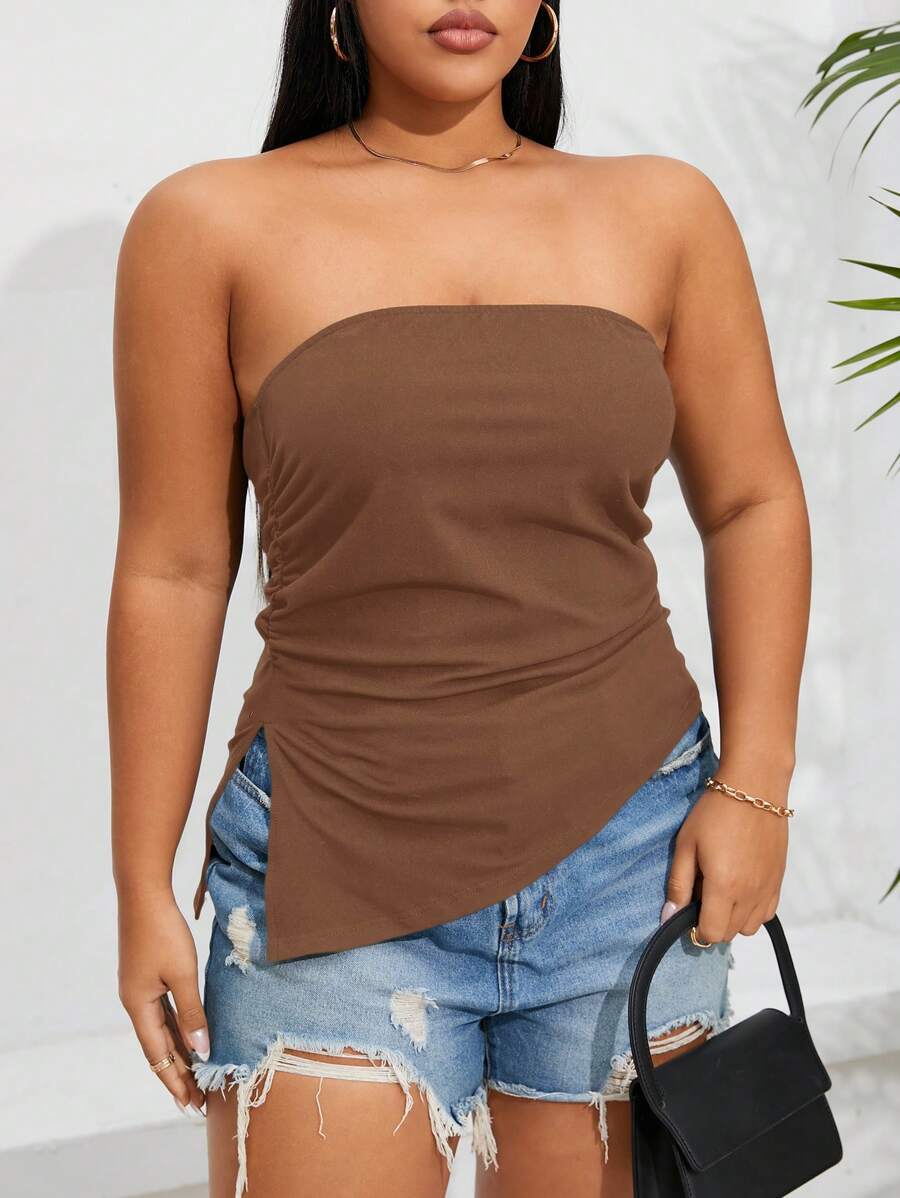 SHEIN EZwear Plus Size Black Pleated Slit Strapless Knit Stretch Top - Brown - View 1