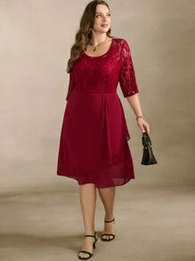 SHEIN Clasi Vestido rojo de talla grande elegante con parches de encaje, gasa con pliegues en la cintura y ajuste al Body, ideal para el Día de San Valentín y la primavera