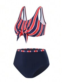 SHEIN Swim 2pcs/Set Women Striped Random Print Front Cross Triangle Bikini Swimwear Set