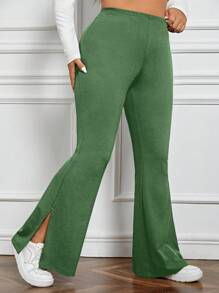 SHEIN EZwear 大码休闲纯色开叉喇叭裤