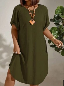 EMERY ROSE Women Plus Size Solid Color Round Neck Short Sleeve Casual Straight Dress - Army Green - View 1