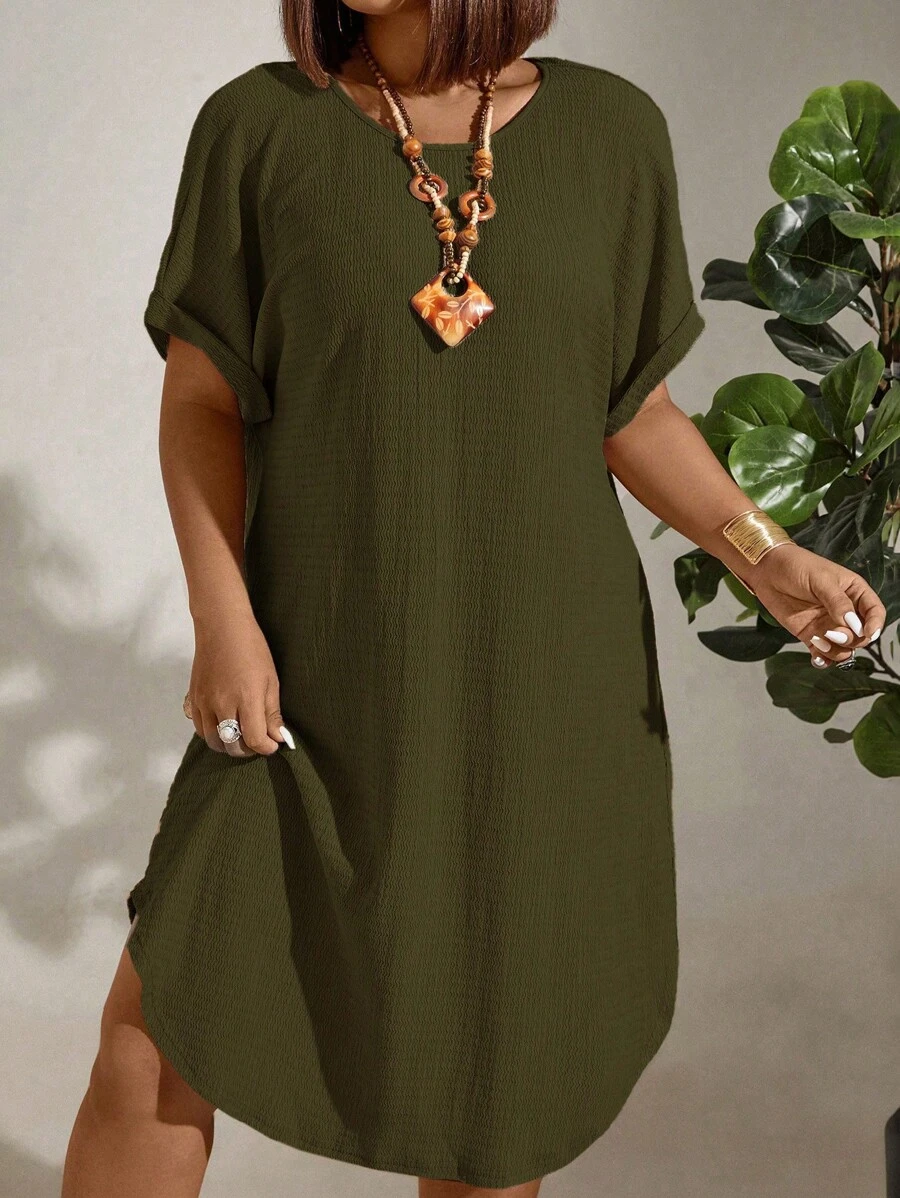 EMERY ROSE Women Plus Size Solid Color Round Neck Short Sleeve Casual Straight Dress - Army Green - View 1