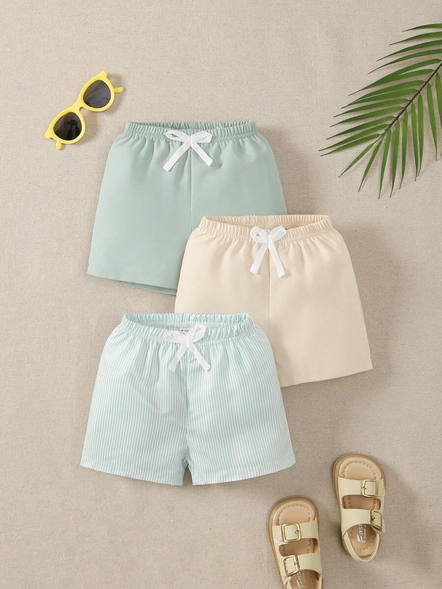 SHEIN 3-Piece Elastic Waist Straight Loose Striped & Solid Color Shorts Set For Baby Boy - Multicolor - View 1