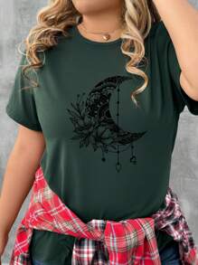 SHEIN LUNE Camiseta gráfica para mujer con estampado de luna y flores en talla grande - Verde Oscuro - Ver 3