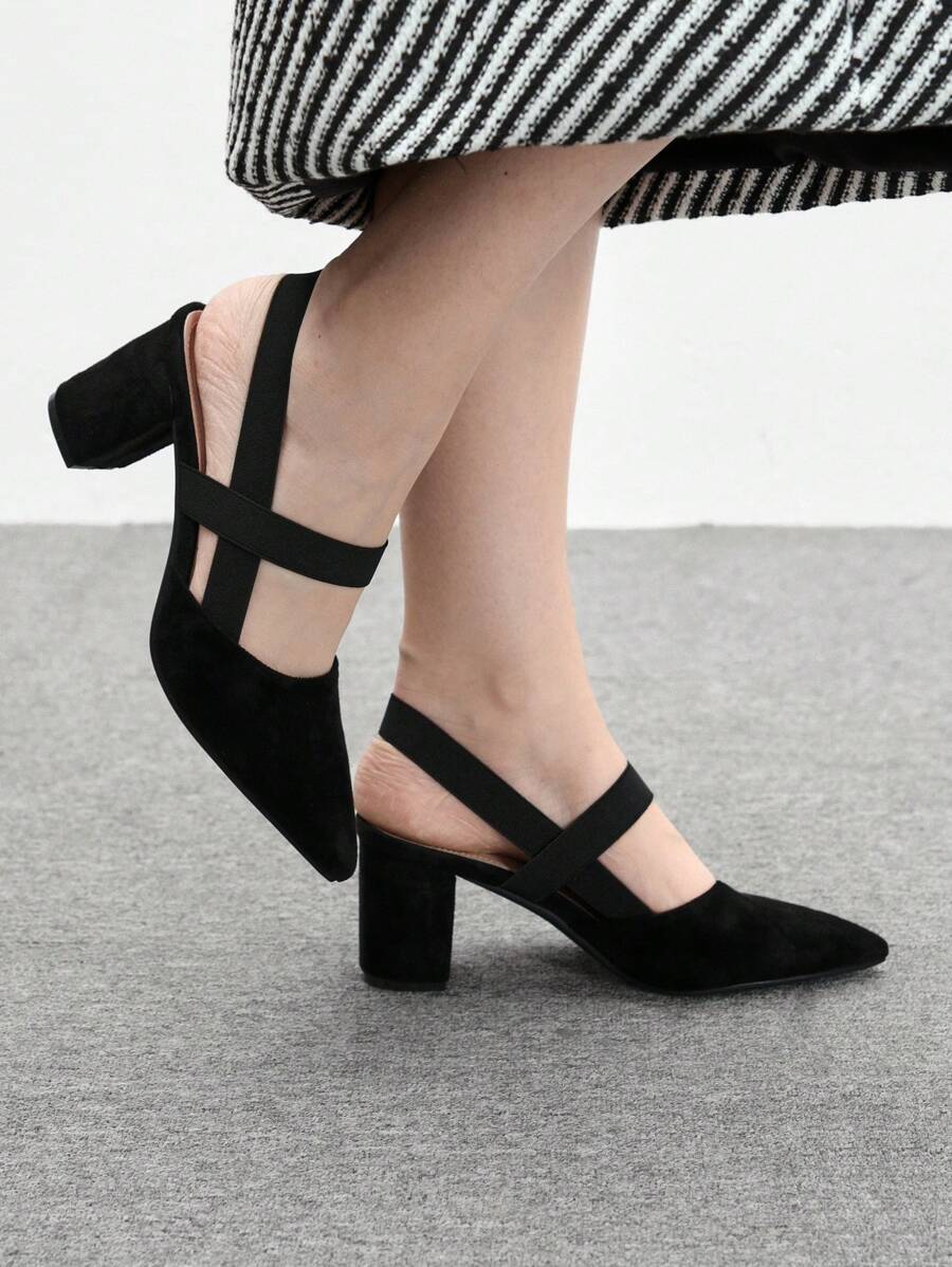 CUCCOO BIZCHIC 女士时尚黑色绒面弹性组合尖头粗高跟鞋，适合通勤、约会、派对、婚礼、度假