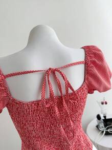 Elamini French Style Square Neck Waist Drawstring Plaid Casual Vacation Blouse Shirt Top For Women - Red and White - View 6