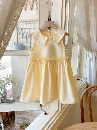 Blossori Young Girls' French Elegant Light Yellow Woven Collar Dress, Spring/Summer