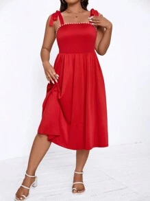 SHEIN Clasi Große Größen Damen Einfarbiges Kleid mit Kunstperle Saum, elegant