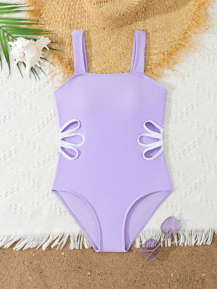 Traje de baño de una pieza con diseño calado para niñas preadolescentes de vacaciones en la playa - Morado - Ver 1