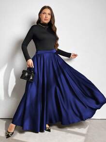 SHEIN Clasi 大码优雅纯色喇叭裙，秋季女式长裙 - 寶藍色 - 查看 3