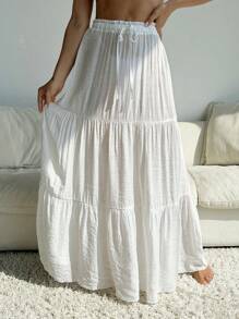 Swim Vcay Trang phục mùa hè cho phụ nữ Áo choàng mùa hè bằng vải chiffon nhiều lớp cho phụ nữ kèm chân váy, màu trơn - trắng - Xem 5