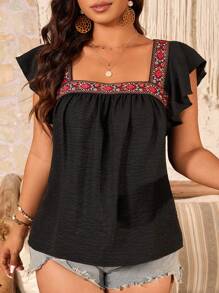 Breezaya Plus Size Women's Black Textured Fabric Square Neck Tie Belt Cap Sleeve Shirt, Vacation Style Suitable For New Year, Music Festival, Valentine's Day, Thanksgiving, Christmas, Halloween, Easter, Carnival And Other Holidays