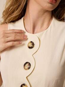 Poéselle Chic Button Down Scalloped Edge A-Line Apricot Mini Dress - Perfect For Casual Outings, Summer Parties And Easy Everyday Style,Yellow Women Dresses ,Business Casual Woman - Apricot - View 2