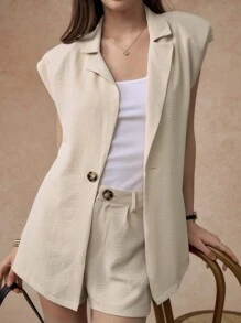 SHEIN Unity 优雅米色西装外套搭配短裤套装，春夏女士套装 - 卡其色 - 查看 6