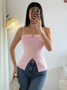 Chiquease 时尚迷人百搭 S 形性感仿珍珠装饰粉色女士吊带背心，春夏