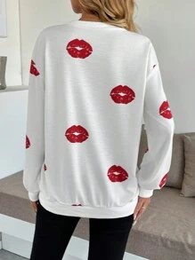 INAWLY Sudadera holgada de manga larga con estampado de labios para mujer, otoño/invierno, tipo pullover - Blanco - Ver 2