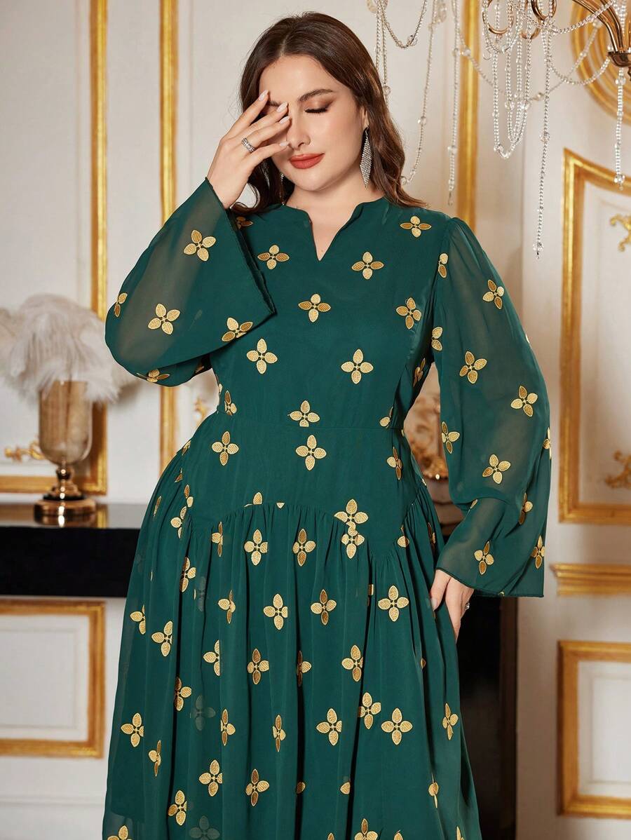 Modelyn Plus Size Women Floral Print V Neck Long Sleeve Dress - Dark Green - View 1