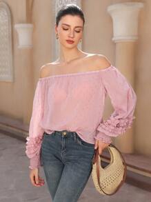 GENKIRA Pink Valentine's Day Romantic Elegant Off Shoulder Gold Fiber Textured Fabric Puff Sleeve Ruffle Hem Long Sleeve Chiffon Blouse Fall Cloth For Women - Pink - View 5