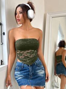 SHEIN EZwear 蕾丝抹胸上衣，简约时尚，适合日常休闲穿着 - 軍綠色 - 查看 6