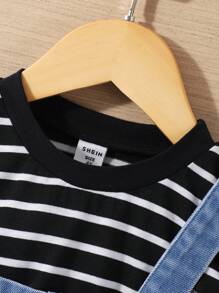 SHEIN 男孩圓領條紋短袖t恤和藍色牛仔吊帶短褲套裝 - 卡其色 - 查看 6