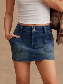 WESTFADE 弹力牛仔实用迷你裙 - 中等水洗藍 - 查看 4