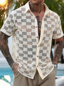 Manfinity RSRT Men's Simple Hollow Front Button Casual Short Sleeve Shirt, Men Summer Beach Shirt - Beige - View 5