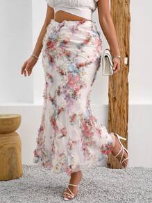 INAWLY Plus Size Summer Elegant Floral Print Mesh Mermaid Skirt