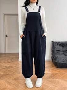 SHEIN EZwear Plus Size Vrouwen Herfstkleding Zwarte Jumpsuit, Winterkleding Voor Vrouwen