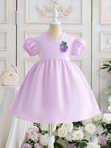 Young Girl Summer Grape Graphic Solid Color Round Neck Puff Sleeve Bubble Hem Dress - Purple - View 8